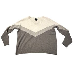 C‎ BY BLOOMINGDALES CASHMERE V NECK CHEVRON SWEATER XL GREY CREAM